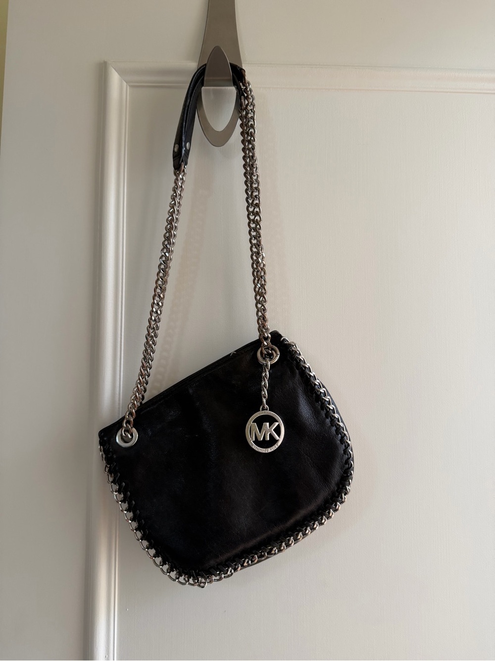 MICHAEL Michael Kors Black Leather Crossbody with Silver Chain
